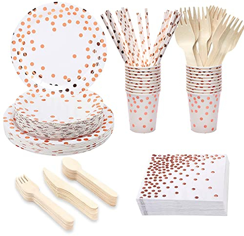 Juego de vajilla desechable para 20 invitados, diseño de lunares, color oro rosa