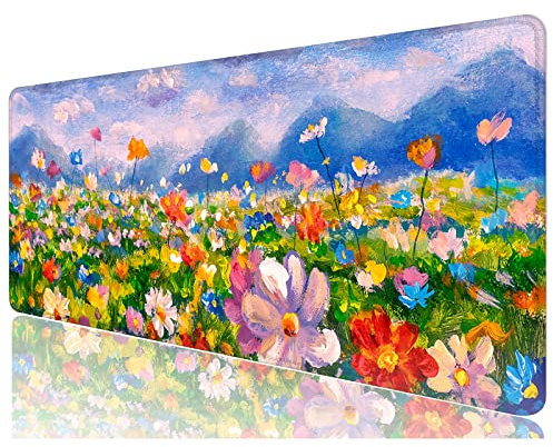 Desk Mat, 32 x 12 XXL Extended Large Gaming Mouse Pad, Desktop Decor Desk Pad, Cute Men Women Office Supplies and Accessories, XL Mouse Mat for Laptop & Keyboard, Oil Painting Flowers