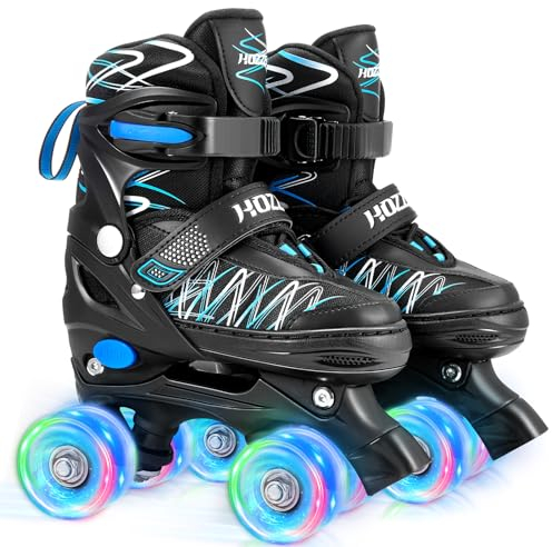 Hozzen Rollschuhe Kinder, 4 Größen Verstellbare Quad Rollschuhe Jungen für Anfänger, Bequeme und Atmungsaktive Rollschuhe für Kinder mit Aufbewahrungstasche für Weihnachts und Geburtstags Geschenke L
