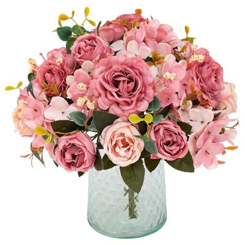 Floweroyal 4 mazzi di peonie artificiali, fiori di rosa finti in seta, bouquet vintage per matrimoni, feste, centrotavola, composizioni floreali, decorazione per la casa e la cucina (rosa scuro)