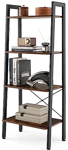 GYMAX Libreria a Scala 4 Ripiani, 56 x 34 x 138 cm, Scaffale Libreria Stile Industriale con Telaio Metallico e Dispositivi Antiribaltamento, per Ufficio Casa Soggiorno Cucina (Marrone Rustico)