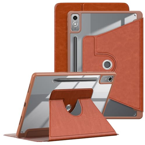 Yiernuo Funda para Lenovo Tab P12 12.7 Pulgadas Tablet 2023, Tapa Trasera Transparente Carcasa Rotación 360° con Soporte y Portalápices,Marrón