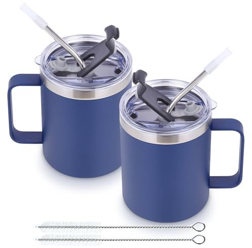 Volhoply 12oz Insulated Leakproof Coffee Mug with Sliding & Straw Lid Bulk 2 Pack,Double Wall Vacuum Stainless Steel Travel Tumbler Cup with Handle,Reusable Camping Mugs Keep Cold/Hot(Navy,2 Set)