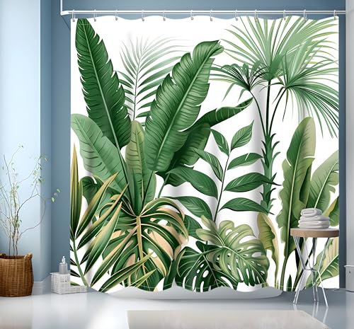 Rideau de douche en textile - Motif feuilles vertes - Imperméable - Ourlet lesté - Lavable - En tissu polyester - Avec œillets et anneaux de rideau de douche - Pour salle de bain - 200 x 200 cm