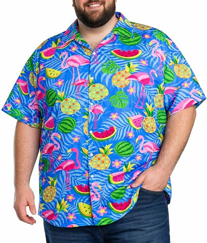 King Kameha Hawaii Hemd Männer - Funky Hawaiihemd Herren Kurzarm, Flamingo Melon, Indigoblau, 9XL