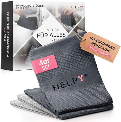 H E L P Y® Putztücher [4er Set] – streifenfreie Fensterputztücher – fusselfreie Reinigung – Microfasertücher für Küche, Bad, Auto & Fenster – hell-/dunkelgrau – 40 x 60