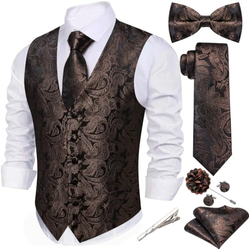 Barry.Wang Men's Grey Waistcoat Tie Bowtie Set Hanky Cufflinks Tie Clips