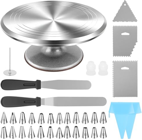 12'' Cake Turntable Aluminum Cake Revolving Stand Holder Cake Baking Decor Tools Home Cake Making Decorating Rotating Metal Display Stand Ultimate Baking Set 24 Nozzles & Icing Tools