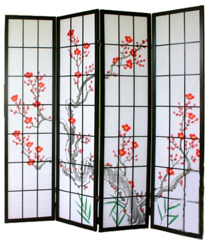Paravent japonais fleur de cerisier en bois noir de 4 pans, L176 x H175 x P2 cm -PEGANE-