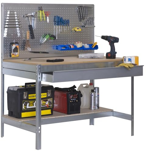 Simon Rack Banco de Trabajo Taller, Capacidad Carga 400 kg, 1445x910x610 mm, Mesa de Trabajo, 1 Cajón, Galvanizado/Madera - BT2