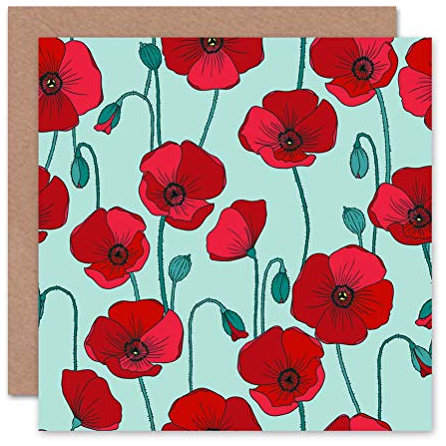 Wee Blue Coo POPPY POPPIES FLOWER PATTERN BLUE RED BLANK GREETINGS BIRTHDAY CARD ART