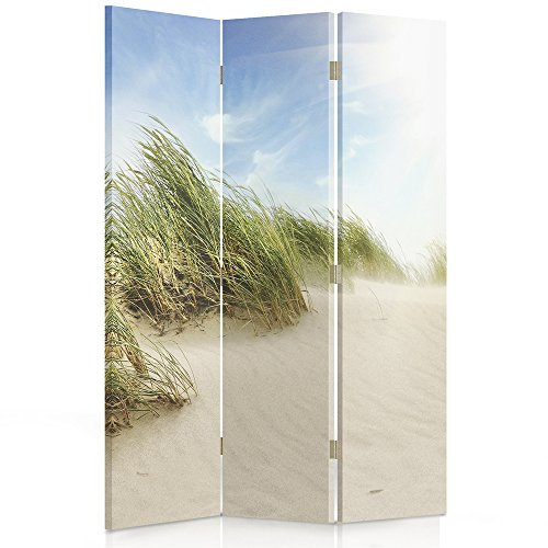 Feeby Frames. Raumteiler, Gedruckten auf Canvas, Leinwand Wandschirme, dekorative Trennwand, Paravent einseitig, 3 teilig (110x180 cm), Strand, DÜNEN, Grass, Wind, Sand, BEIGE, BLAU, GRÜN