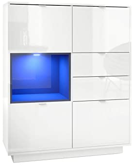 Vladon Highboard Sideboard Metro, Made in Germany, Korpus in Weiß Hochglanz/Fronten in Weiß Hochglanz mit Einsatz in Schwarz Hochglanz, inkl. LED Beleuchtung