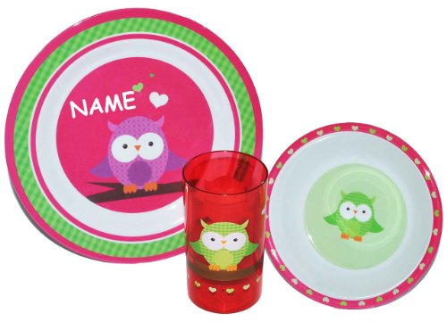 alles-meine.de GmbH 3 TLG. Geschirrset Eule - incl. Namen - Melamin Trinkbecher + Teller + Müslischale - Kindergeschirr Frühstücksset Eulen Jungen Mädchen Herzen Eulen auf AST SI..
