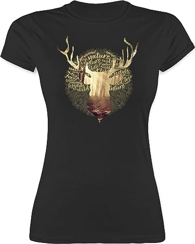 Shirt Damen - Kompatibel mit Oktoberfest - Hirsch Motiv Geschenk Jäger I Hirschgeweih Tracht - XL - Schwarz - trachtentshirts trachtenshirt bayrische Jaeger Tshirt trachtenoberteile