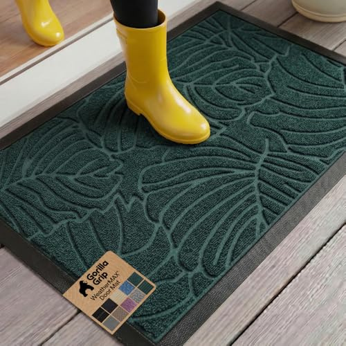 GORILLA GRIP 100% Waterproof All-Season WeatherMAX Doormat US Designed Natural Rubber, Stain and Fade Resistant, Low Profile Indoor Outdoor Door Mats, Easy Clean Patio Mat, 29x17, Green Palm