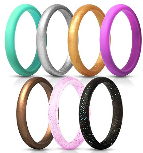 JewelryWe Schmuck 7 PCS Silikon Ehering für Frauen, 2.7mm Gummi Hochzeit Bands Gummibänder Ring für Sport und Outdoor, 7 Farben Set, Größe 59