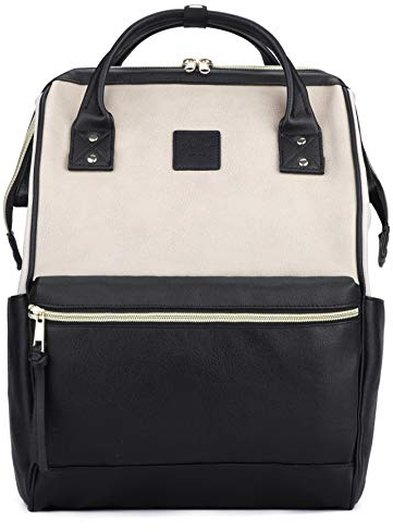 Kah&Kee Damen Leder Rucksack -Wasserdicht 15 Zoll Elegant Laptop-Taschen für Lehrerinnen & Büro-Arbeit, ideal für Reisen (Beige/Schwarz, mittel)
