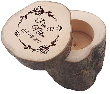 SNEG Ringkissen/Ringbox aus Holz mit Schiebedeckel + persönlicher Gravur | Hochzeit | Schatulle | Etui für Eheringe (Motiv 06 - Kranz)