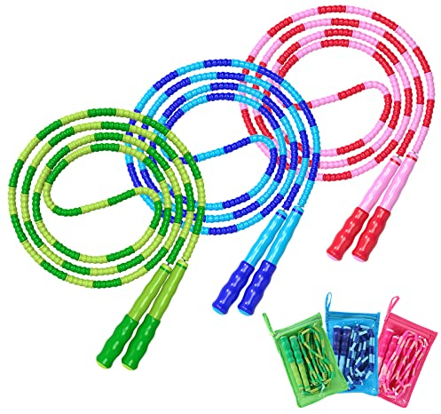 Corda per saltare, lunghezza regolabile e senza grovigli, segmentata, con perline morbide, corda fitness per bambini, uomini e donne, per perdere peso, 2,8 metri (confezione da 3 pezzi)