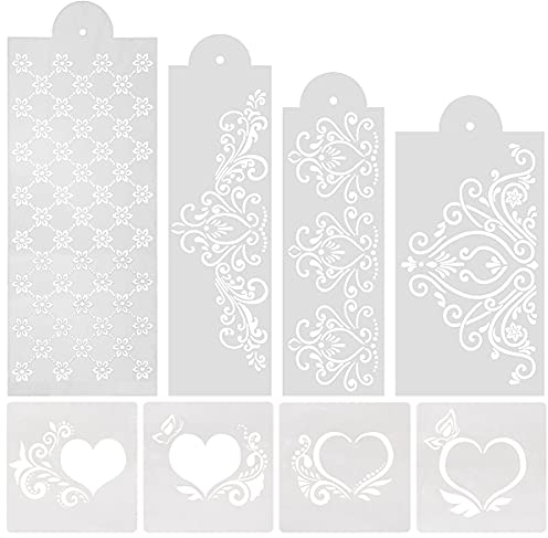 Plantillas Para Pasteles,Jicyor 8 Piezas Plantillas Para Tarta Reutilizable Flores Corazones Encaje Pastel Stencil para Mousse Pastel Chocolate Postre Cocina Panadería Decoración Diy