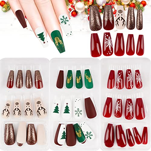 72pcs Noël Faux Ongles Court Nail Ongle Ballerine Couverture Complète Artificiel Flocons de Neige Sapin Renne Rouge Vert Blanc en ABS Transfert Pochoir Décoration DIY Manucure pour Femme Fille