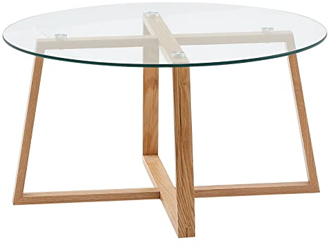 Wohnling Couchtisch 78x78x41 cm Sofatisch Eiche Massivholz/Glas Rund, Design Wohnzimmertisch Modern, Holztisch Stubentisch Groß, Kaffeetisch Tisch Wohnzimmer Echtholz