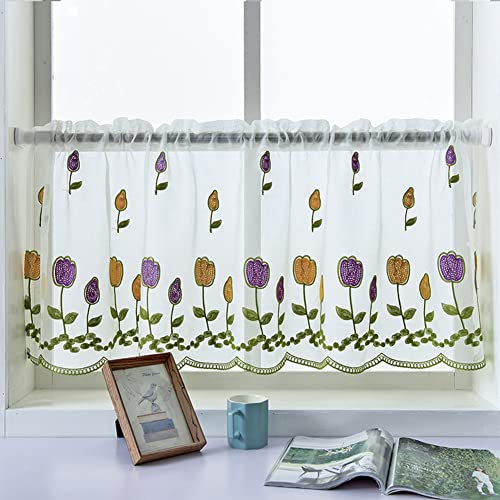 Ricemru Voile Scheibengardinen Bistro Transparent Kurz 50 Weiß Stickerei Tulpe Kurzgardine Bistrogardine Landhaus Modern Kurzstore Gardine Küche Balkontür und Fenster,120x50cm
