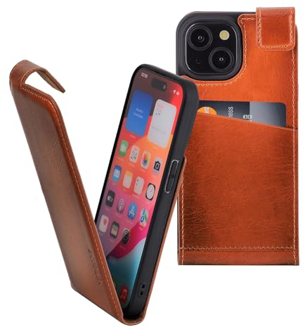 Suncase Original Flip-Style (Ultra-Slim) kompatibel mit iPhone 13 (6.1) Hülle Ledertasche Tasche Schutzhülle Case Cover Hülle in Burned Cognac