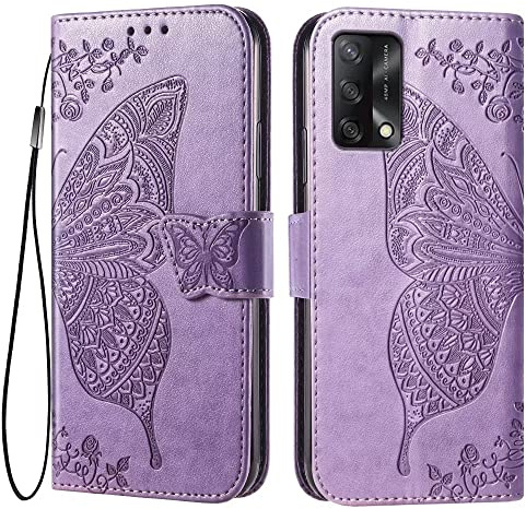 EASSGU Leder Handyhülle für Oppo A74 (4G) (6.43 Inches) Flip-Folio Magnetische Hülle mit 3 Kartenfach, 1 Wallet, Sturzfeste, Kratzfeste Case - Helles Lila