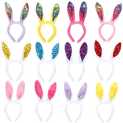 FunsLane Bandeaux Oreilles de Lapin de Pâques, 12 Pcs Oreilles de Lapin en Peluche Serre-Tête à Paillettes pour Fête de Pâques Costume Habillage Accessoires, Cadeau de Pâques pour Enfants