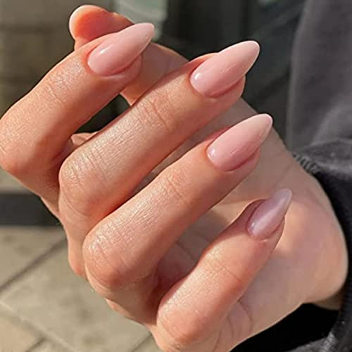 JUSTOTRY 24 Pcs Short False Nails Almond, Gradient Nude French Press on Nails Pattern, Peach Fake Nail Short, Stiletto Stick on Nail for Women, Nails Fake Nail Medium for Nail Art