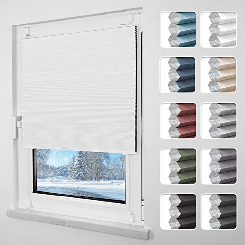 Grandekor Plissee ohne Bohren Verdunkelung 90x130cm weiß-weiß, Wabenplissee ohne Bohren Thermo Doppelplissee Klemmfix 100% Verdunkelnd Sicht- & Sonnenschutz Plissee Rollos für Fenster & Tür