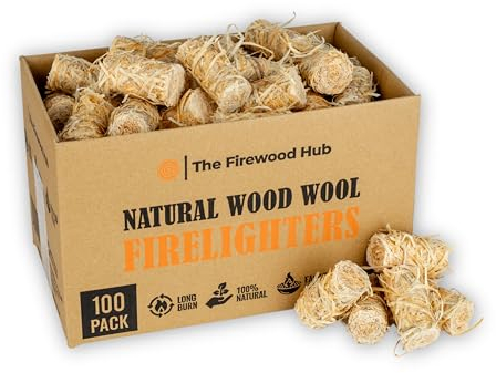 The Firewood Hub 100 - Natural Eco Wax-Coated Wood Wool Firelighters Safe, Clean, and Odorless Ignition of Log Burners, BBQs, Pizza Ovens, More Perfect Fire Starter Any Occasion (100) (WW100a)