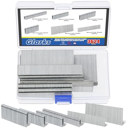 Glarks 3624 grapas de corona estrecha de calibre 18, kit surtido de grapas estrechas de corona galvanizada de 4 tamaños y clavos Brad de 1 pulgada y 2 pulgadas para grapadora eléctrica, neumática,