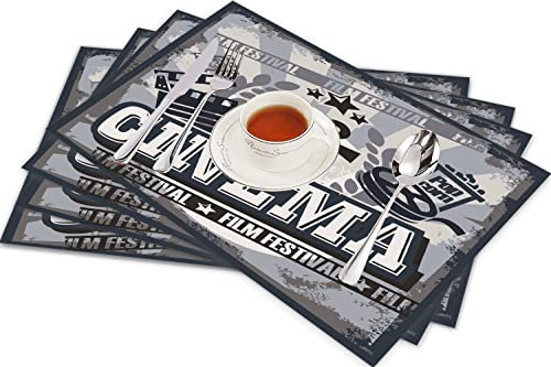 Set mit 4 Platzsets, Vintage-Kinoposter-Design mit Grunge-Effekt und altmodischen Symbolen, rutschfest, fleckenbeständig, hitzebeständig, Tischmatten für Esszimmer, Zuhause, Innendekoration, 30,5 x