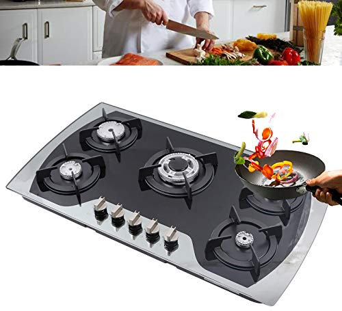 Gaskocher Gasherd | Gas Stove 5-Brenner Gaskochfeld | Vielseitige Heizoptionen | Einfach zu bedienen | LPG/NG Gas | Gehärtetes Glas | 900x510mm | Schwarz