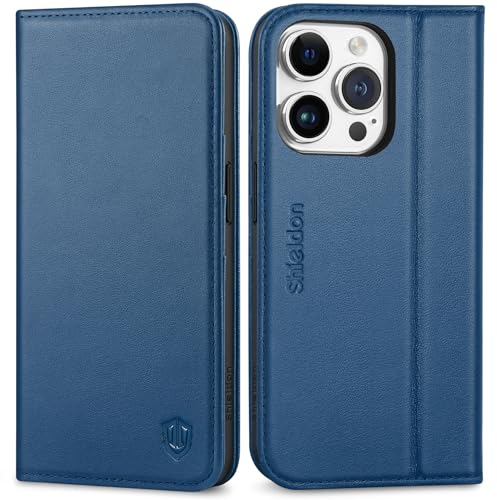 SHIELDON Hülle für iPhone 15 Pro, Schutzhülle [Rindsleder] [Stoßfest] [Standfunktion] [Kartenfach] TPU Magnetisch Klappbar Handyhülle Ledertasche Kompatibel mit iPhone 15 Pro 6,1 - Königsblau