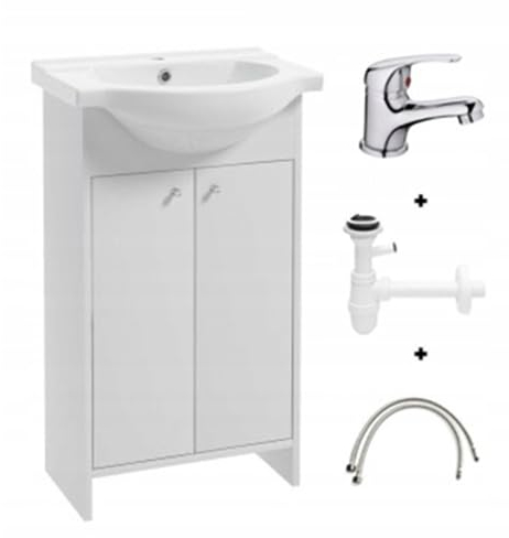 .Deftrans Badezimmerschrank mit Waschbecken 85 x 50 x 25,5 cm Stehender Badezimmerschrank und Unterschrank, lackiert, Elegantes Set mit Keramikwaschbecken (Weiß 50 cm + Siphon + Waschtischarmatur)