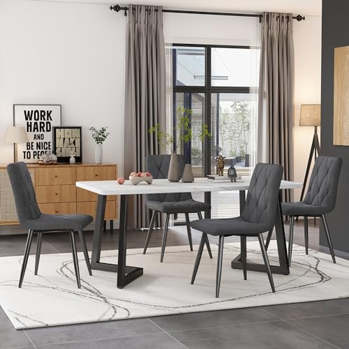 KUAKE Essgruppe,117×68cm Esstisch mit 4 Stühlen, Rechteckiger Esstisch Moderner Küchentisch Set,Esszimmerstuhl Dunkelgrau Twill Leinentuch Küchenstuhl,Schwarze Tischbeine(Leinentuch grau)