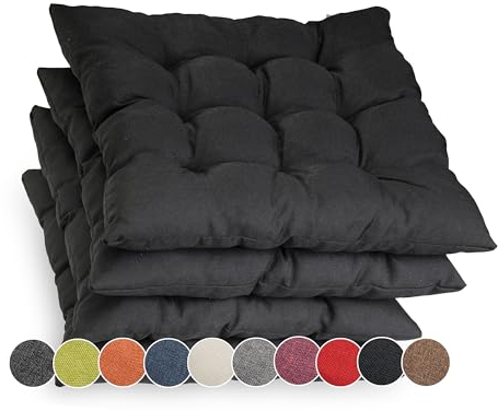 sunnypillow 4er Set Stuhlkissen mit Bändern 40x40 cm - Bequeme Polsterauflage 8cm dick - Auflage für Stühle/Bänke in Haus und Garten Sitzkissen Sitzauflage Gartenkissen Outdoor/Indoor - Schwarz