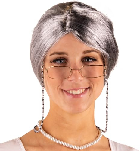 Oma Perücke Granny Grete Grau mit Brille & Brillenkette für Damen Kostüm-Zubehör Fasching Karneval