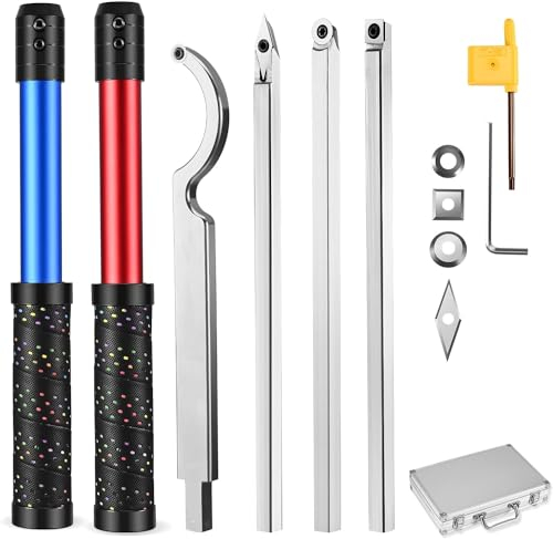 SEAAN Utensili per Tornitura in Legno, Metallo Duro Sgorbie per Tornio Legno 4 Set, con Impugnatura Morbida Antiscivolo Rimovibile e Lame di Ricambio, Adatto per l'incisione su Legno, DIY(Blu Rosso)