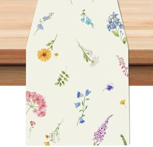 Bonhause Tischläufer Frühling Wildblume Tischläufer Bunte Blumen Blätter Küche Esstisch Dekoration für Drinnen Draußen Urlaub Party Waschbar Wohnkultur Tafeltuch (33 x 183 cm)