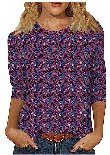 Generic 3/4 Sleeve Tops for Women UK Ladies 3/4 Length Sleeve Tops Casual Summer Round Neck Shirts Print Loose Fit Three Quarter Length Sleeve Blouses 01-Dark Purple L