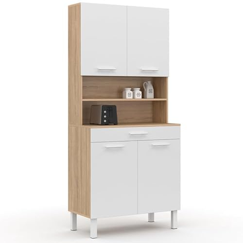 IDMarket - Küchenanrichte, 80 cm, Cina, 4 Türen + Schublade, Buche-Optik, Weiß