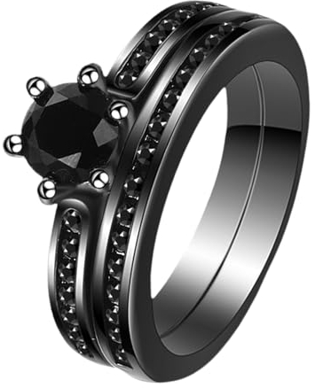JewelryWe Ring Damen Edelstahl Solitärring: 2in1 Damen-Ring Schwarz Stapelringe mit Rundem Zirkonia Frauen Verlobungsring Ehering Versprechensring Bandring Hochzeit Band mit Gravur Größe 54