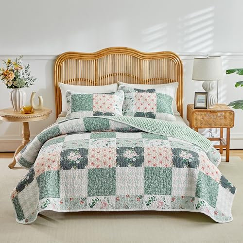 Joyreap 3-teiliges Patchwork-Steppdecken-Set mit Blumenmuster, Queen-Size-Bett, grüne Blumen, weiche und gemütliche Mikrofaser-Steppdecke, Tagesdecke, Bettbezug für alle Jahreszeiten, 1 Steppdecke und