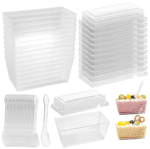 GUOSIYAO Tasses Coupes Gobelets à Dessert 30Pcs Tasses à Dessert Réutilisables Avec Couvercle Et Cuillère Verrines à Dessert 140ml Verrines Plastique Coupes à Dessert Pour Dessert Pudding Mousse