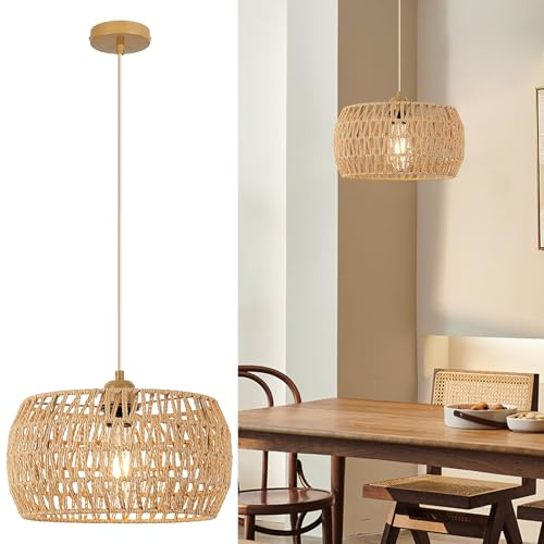FORCOSO Rattan Pendelleuchte Esstisch - Vintage Hängelampe E27 Boho Lampe Ø32cm Hängeleuchte Rattan Deckenlampe für Schlafzimmer Wohnzimmer Esstisch Küche Flur - Braun